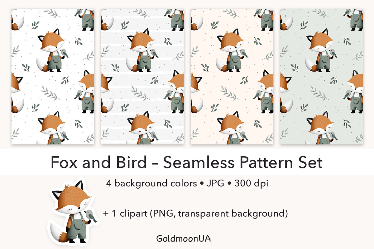 Fox and Bird Patterns & Clipart, an Animal Illustration by GoldmoonUA (Photo 1 of 5)