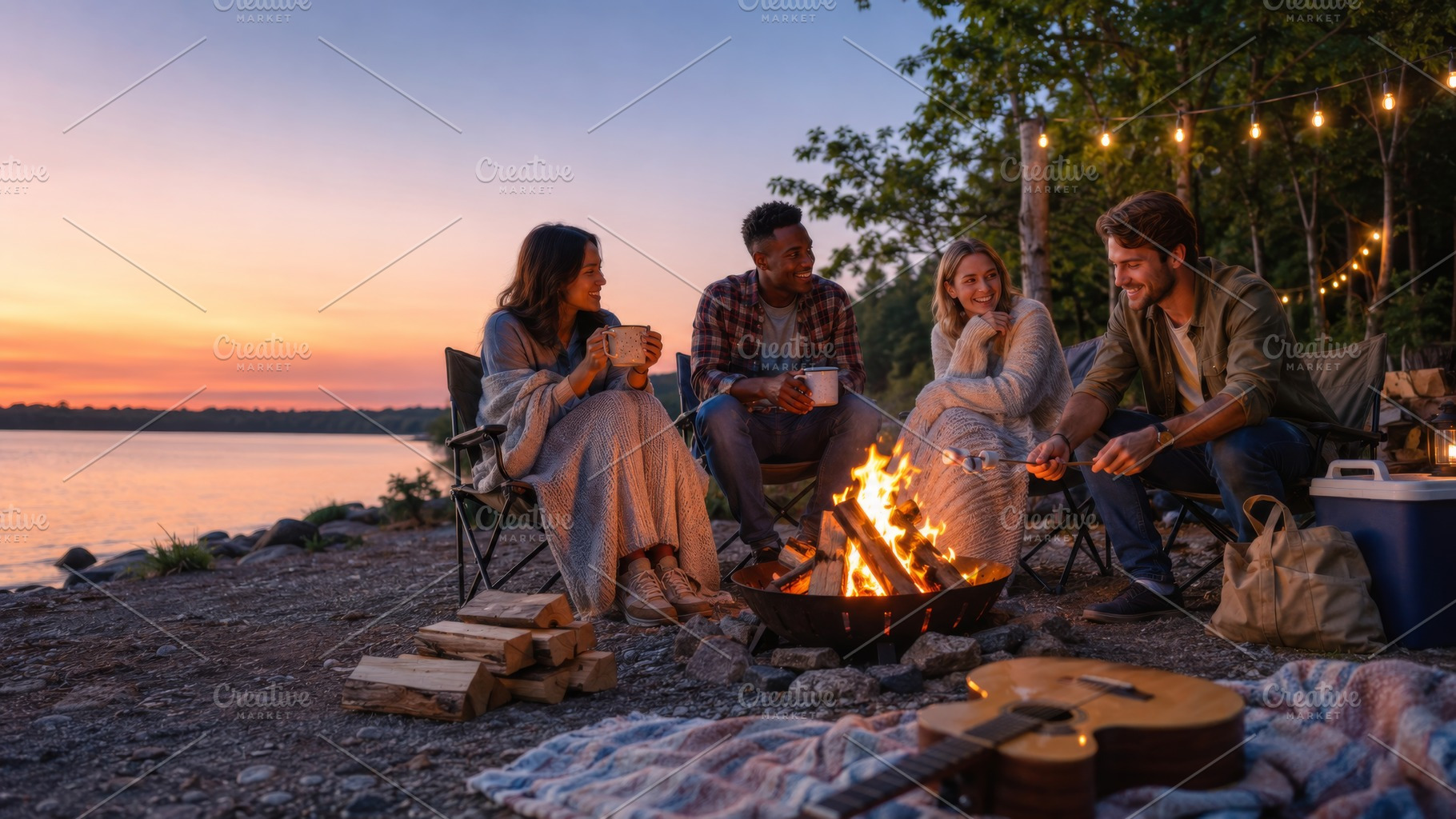 Campfire gathering at sunset with fr, a Photo by Dvoevnore photos
