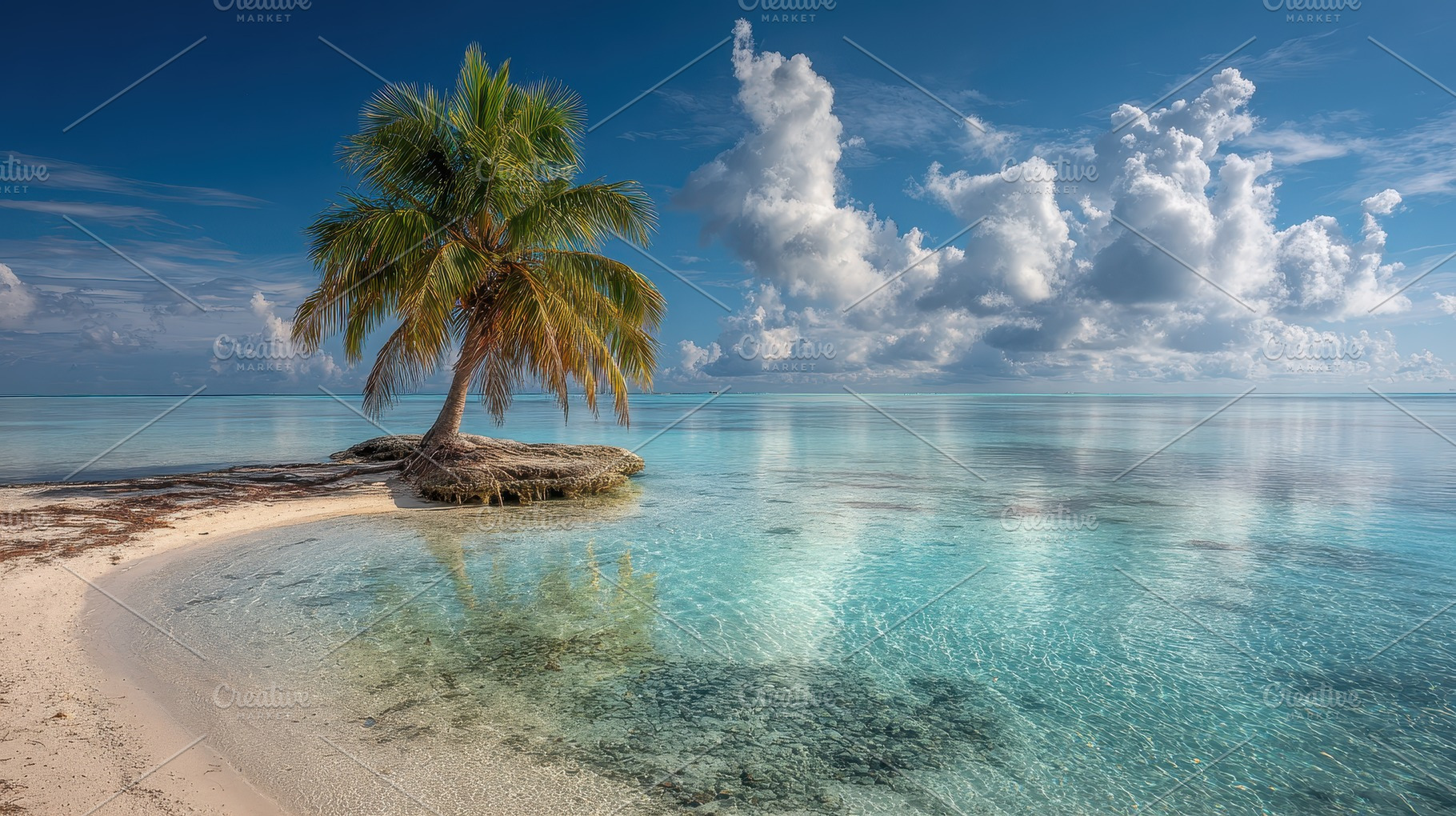 Lone palm tree on idyllic tropical b, a Photo by Pixeness Studio