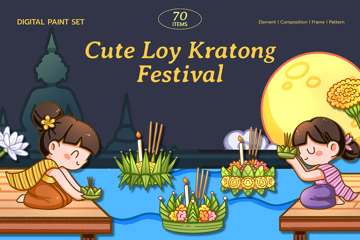 Cute Loy Kratong Festival Digital, a Seasonal Illustration by CreativeValuation (Photo 1 of 12)