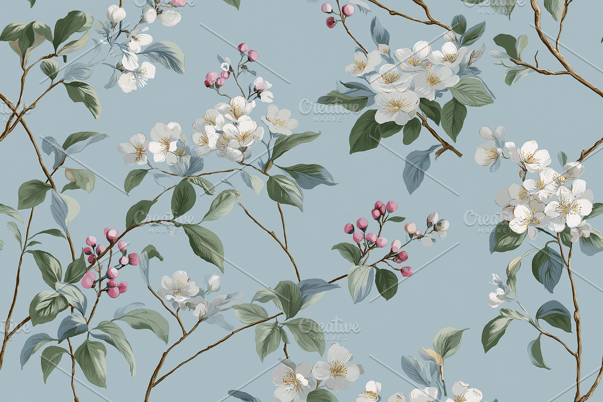 Seamless pattern white cherry blossom and pink berries branches, a Pattern Graphic by Studio ANNA