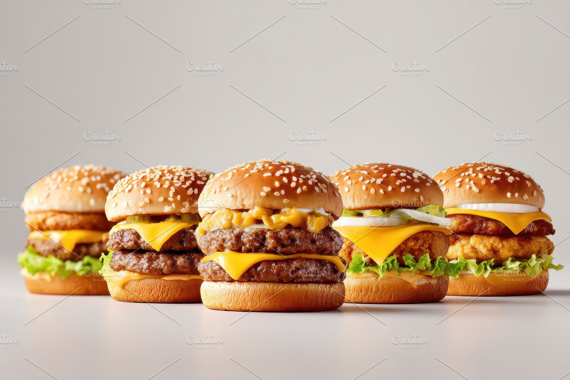 Row of classic cheeseburgers on white background, a Food & Drink Photo by AlyaAnd