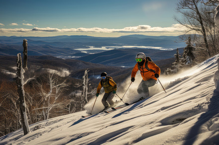 Friends Skiing Down Hunter Mountain Slope, Scenic Winter Landscape, a Photo by AS photostudio