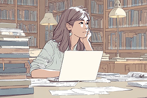 Young woman studying at a library desk surrounded by books and a laptop, an Illustration by AS photostudio