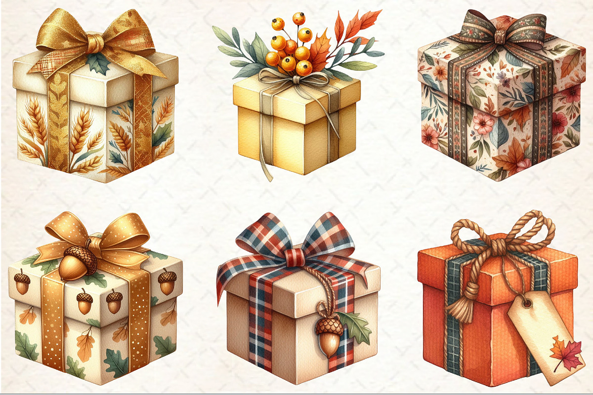 Watercolor Autumn Gift Box Clipart, an Illustration by Rose Art (Photo 2 of 7)
