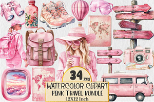 Watercolor Pink Travel Clipart, a Seasonal Illustration by Rose Art