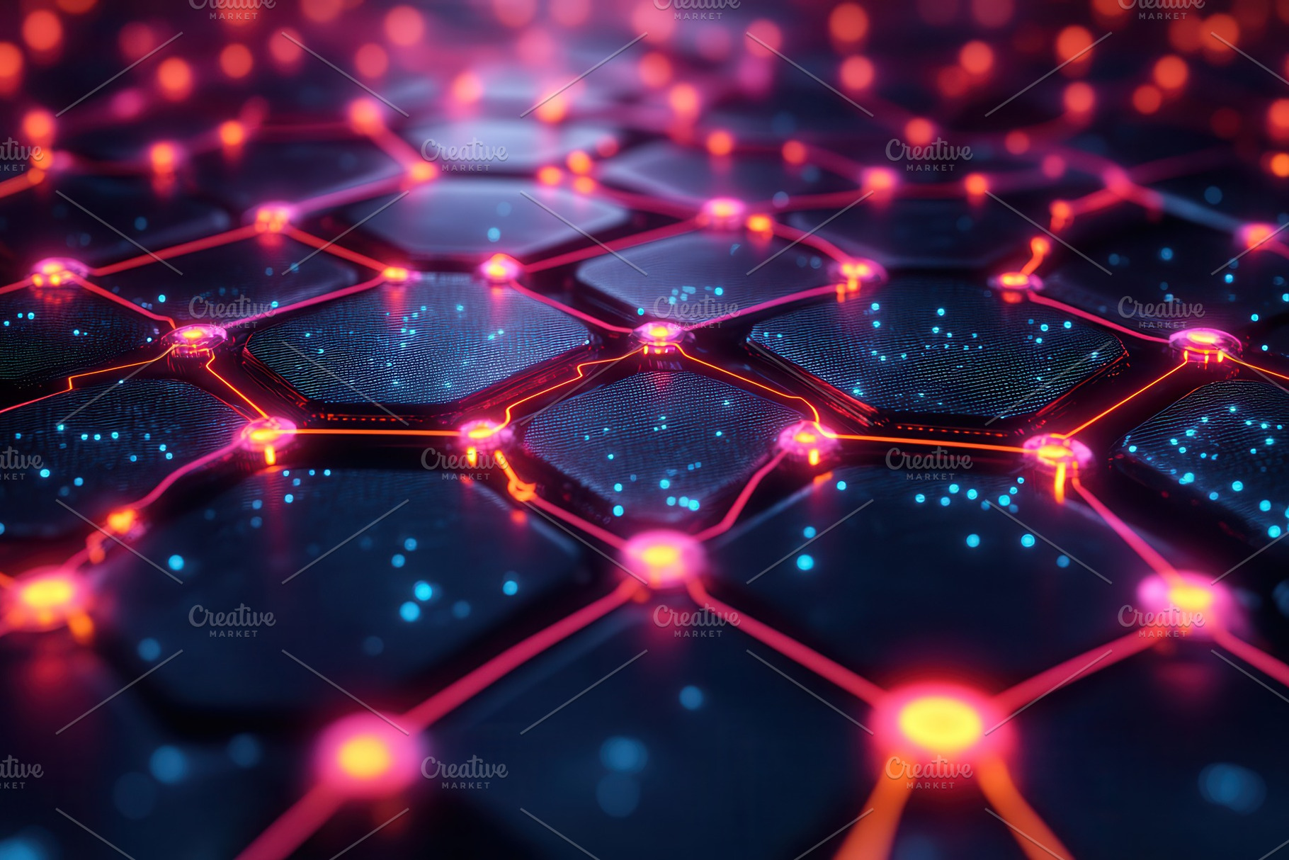 Vibrant hexagonal patterns illuminat, a Photo by Tanuart