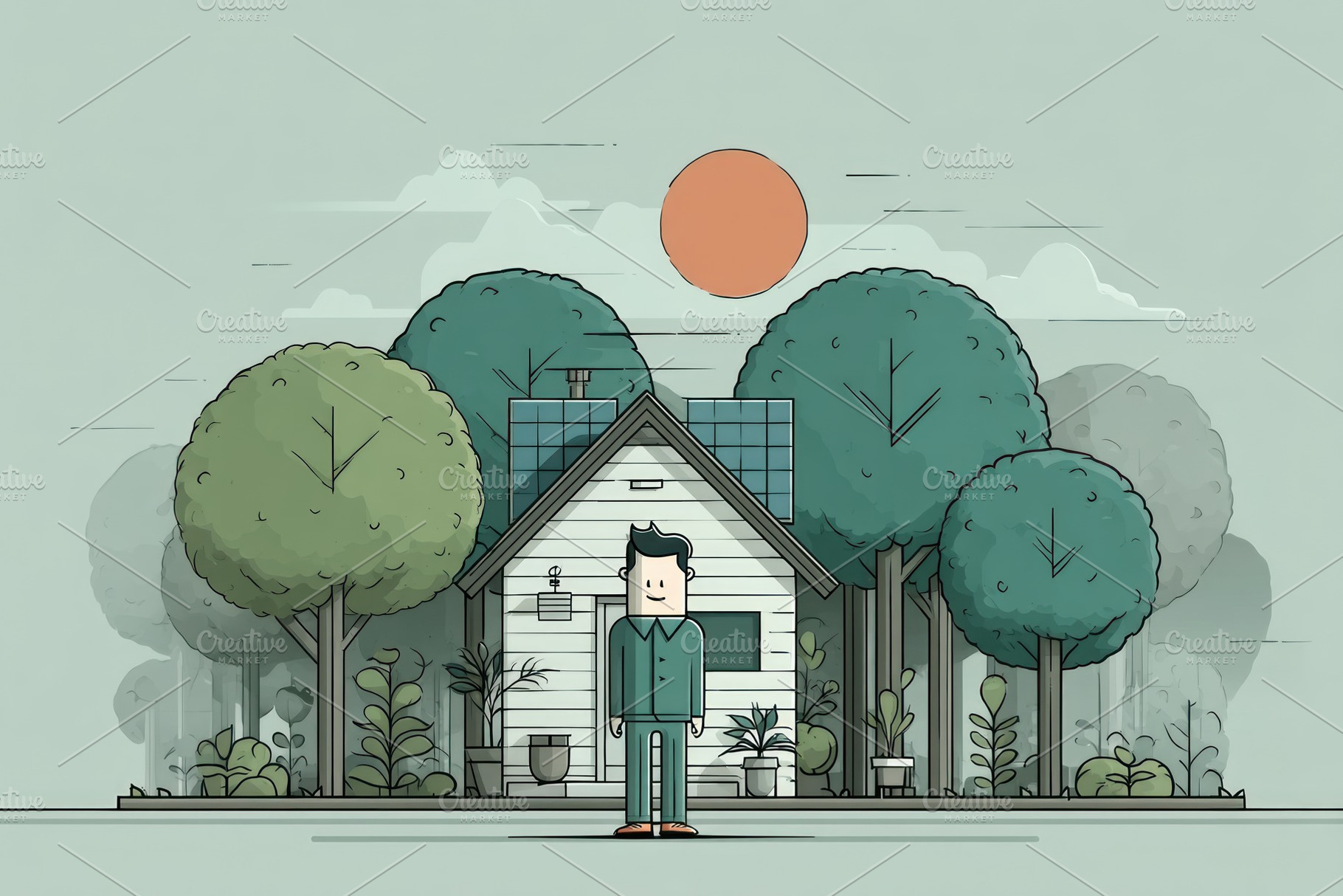 Cartoon illustration of small eco house with solar panels surrou, a Technology Photo by José Manuel Gelpi