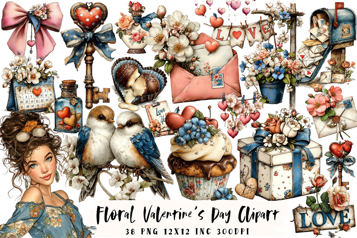 Floral Valentine's Day Clipart, an Illustration by OK Design (Photo 1 of 6)