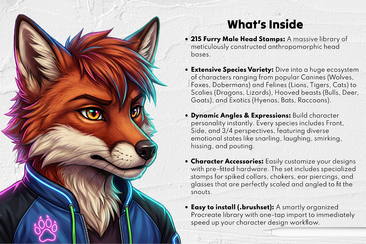 215 Furry Male Head Procreate Stamps, a Brush Add-On by Selentaori Studio (Photo 4 of 13)