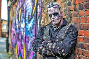 Unique street performer poses in urban setting with striking makeup and costume, a Photo by AlyaAnd