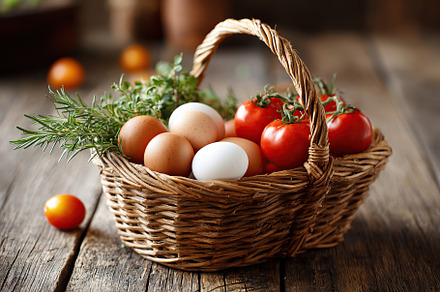 Fresh basket filled with eggs, tomatoes, and herbs ready for cooking or a garde, a Food & Drink Photo by AlyaAnd