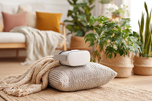 Headset resting on a yoga cushion in a cozy living room filled with plants and, a Photo by AlyaAnd