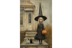 Little Witch Girl on Porch with Cats, a Decorative Illustration by Art Paradise Studios