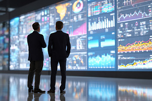 Business professionals analyze data trends in a modern analytics room during a, a Business Photo by AlyaAnd