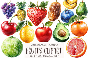 Fruits Watercolor Clipart, an Illustration by OK Design