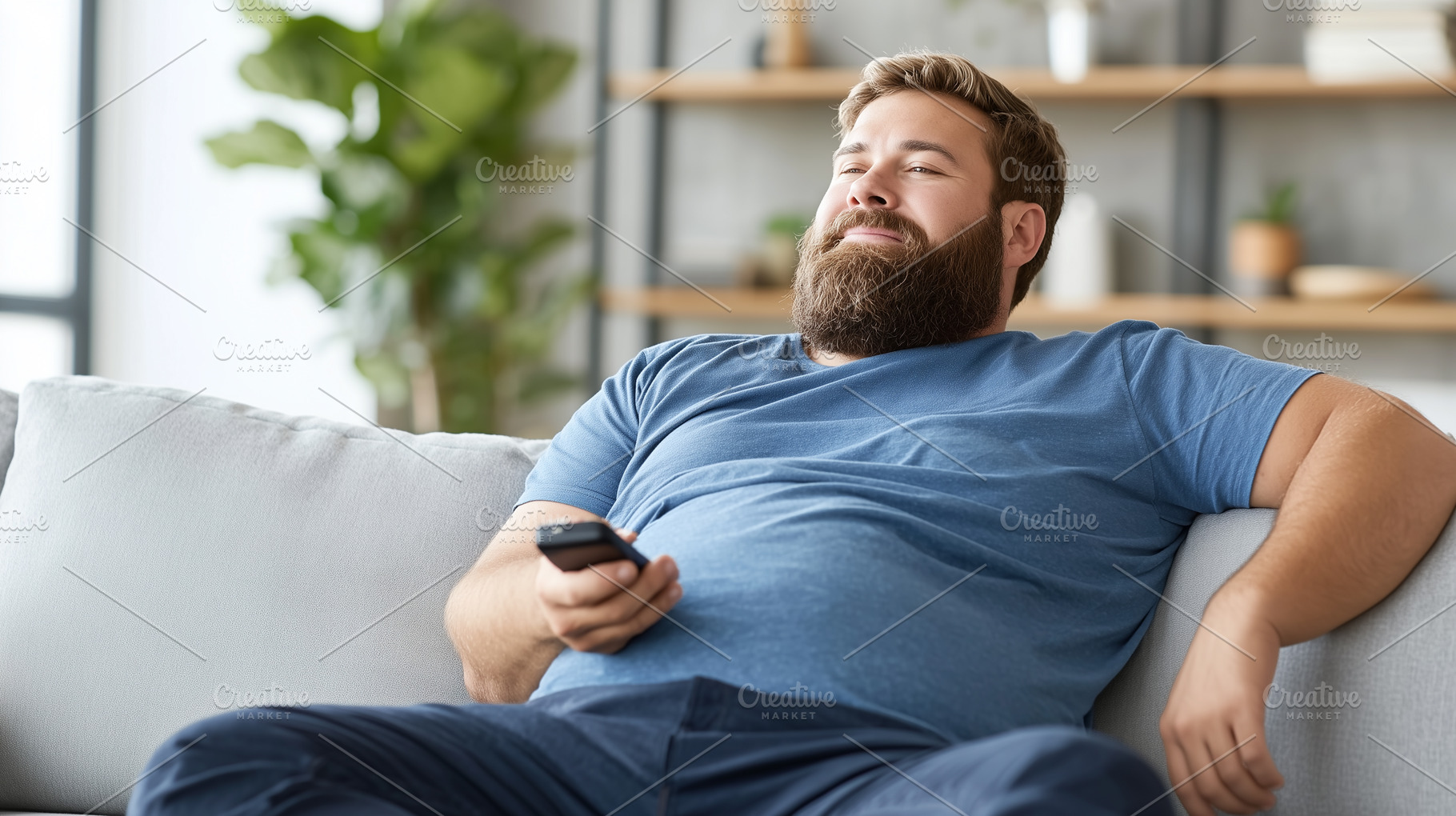 Relaxed bearded man sitting on sofa, a Person Photo by MistyDay