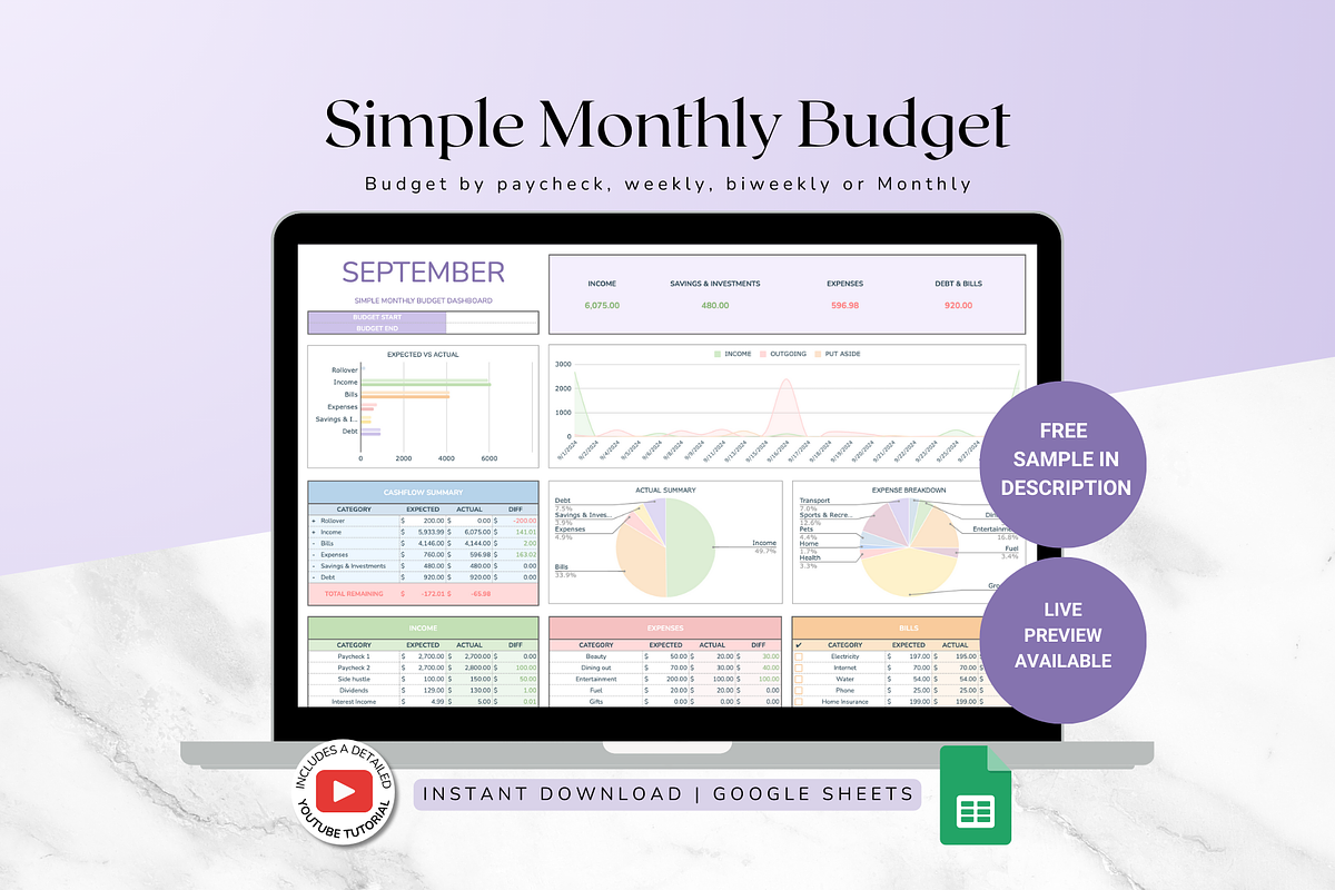 Simple Monthly Budget - Pastel, a Templates & Theme by The Creative Plans co (Photo 1 of 10)
