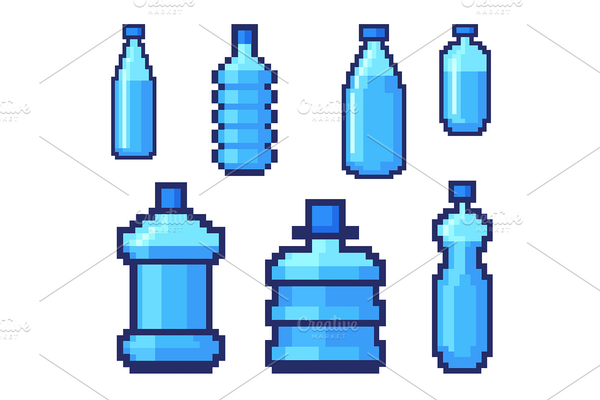 Pixel water bottles. Plastic bottle, a Food Illustration by Stock-Smart-Start