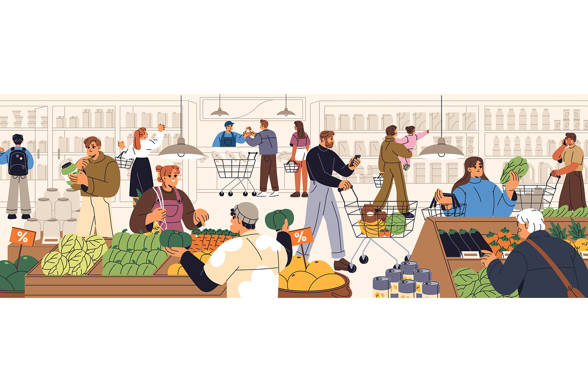 People buying food in supermarket, a Person Illustration by PaperTrident