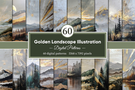 Golden Sunrise Landscape Art, a Decorative Illustration by Housui Patterns
