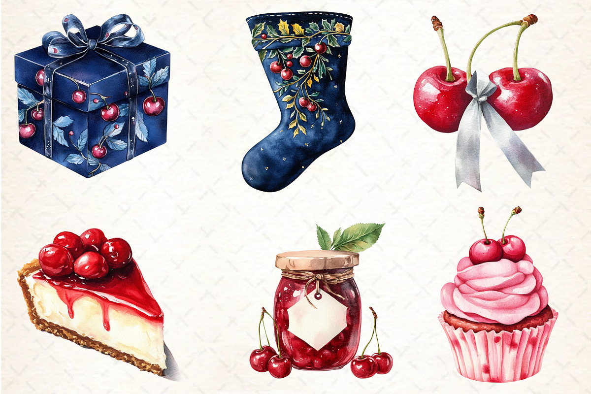Midnight Cherry Christmas Clipart, an Illustration by DreamCafeArt (Photo 4 of 5)