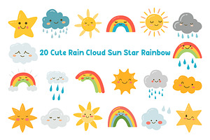 20 Cute Rain Cloud Sun Star Rainbow, a Decorative Illustration by jongcreative