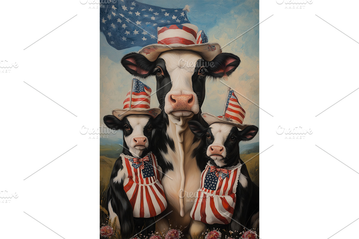Patriotic Cow Family Art with Flag, an Animal Illustration by Art Paradise Studios