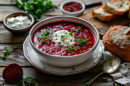 Bowl of beet root soup borsch on wooden table, a Food & Drink Photo by AlyaAnd