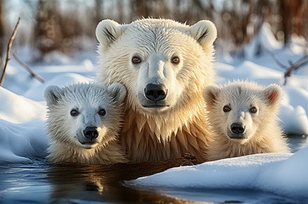 A family of polar bears in a snowy l, an Animal Photo by Perpis