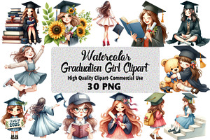 Watercolor Graduation Girl Bundle, an Illustration by Daily.Designs