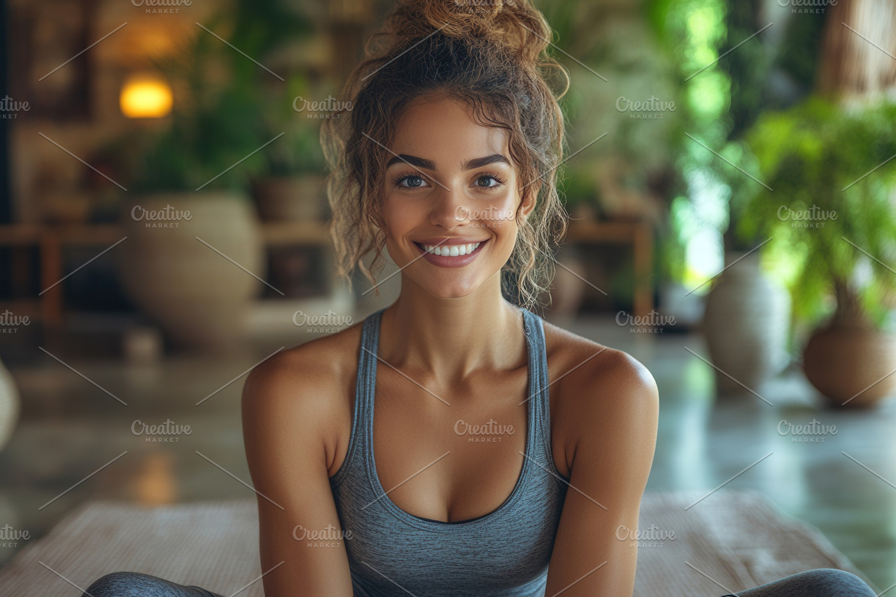 Smiling woman practicing yoga in a s, a Photo by Tanuart