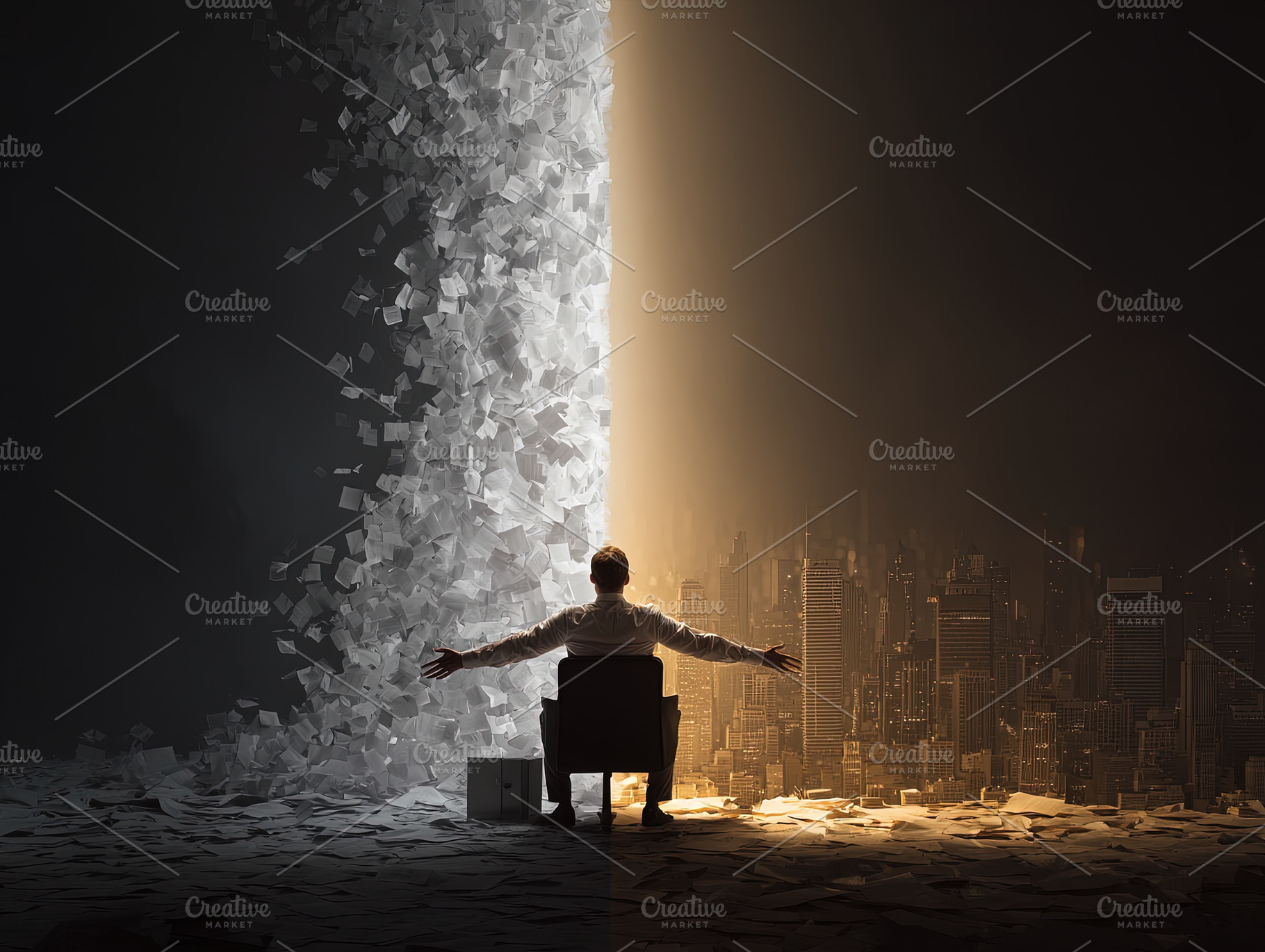 A businessman sitting on a chair, arms wide, between a pile of p, an Abstract Photo by Ales Munt