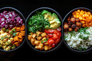 Colorful bowls of fresh ingredients, a Photo by Tanuart