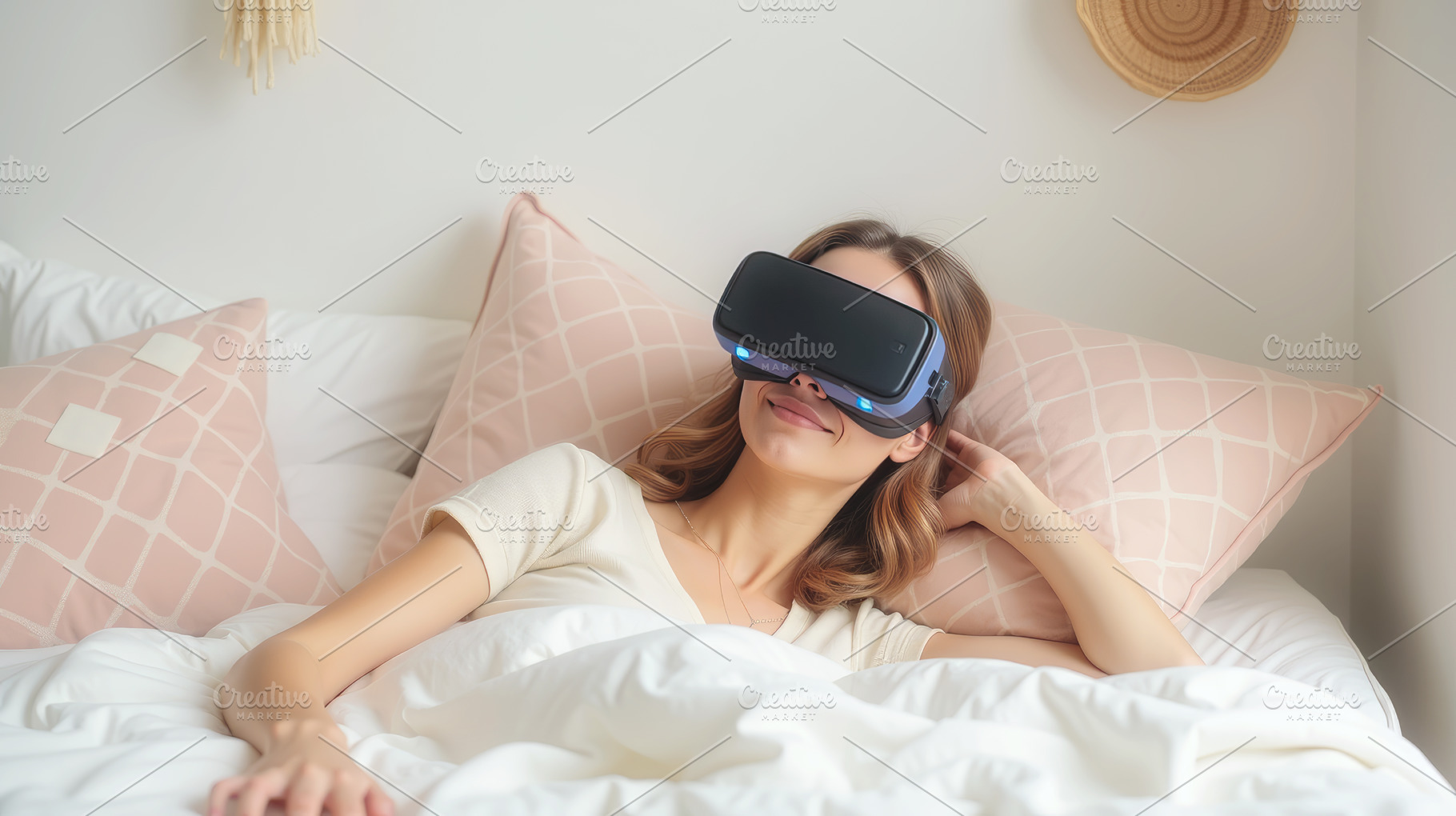 Relaxed woman in bed using virtual r, a Technology Photo by Perpis