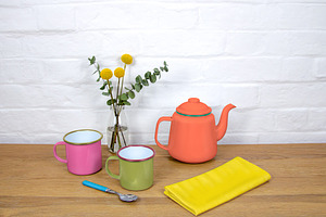 Enamel Teapot And Mugs Mockup Set