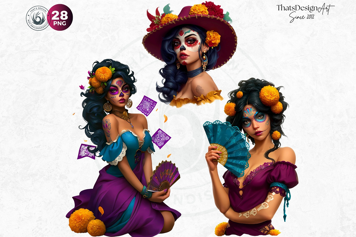 La Catrina Day of the dead Clipart 4, a Seasonal Illustration by ThatsDesignArt (Photo 9 of 10)
