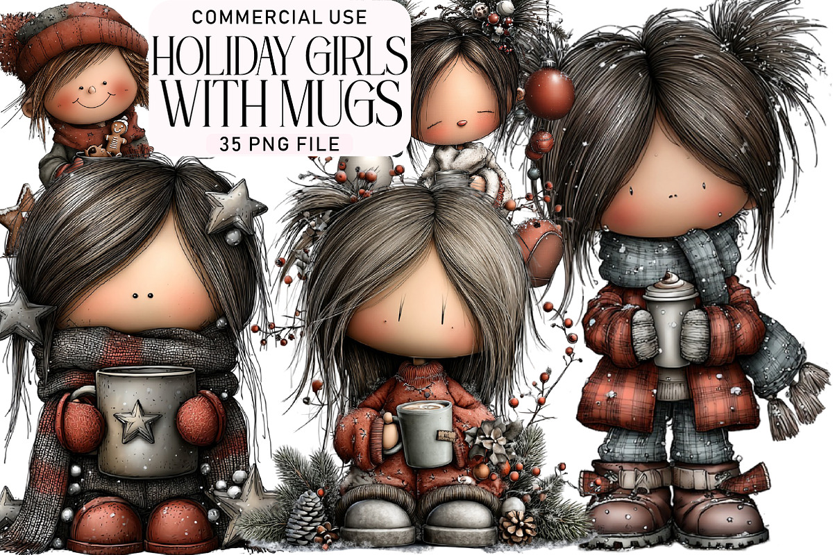 Holiday Girls with Mugs Clipart, an Illustration by Daily.Designs (Photo 1 of 5)