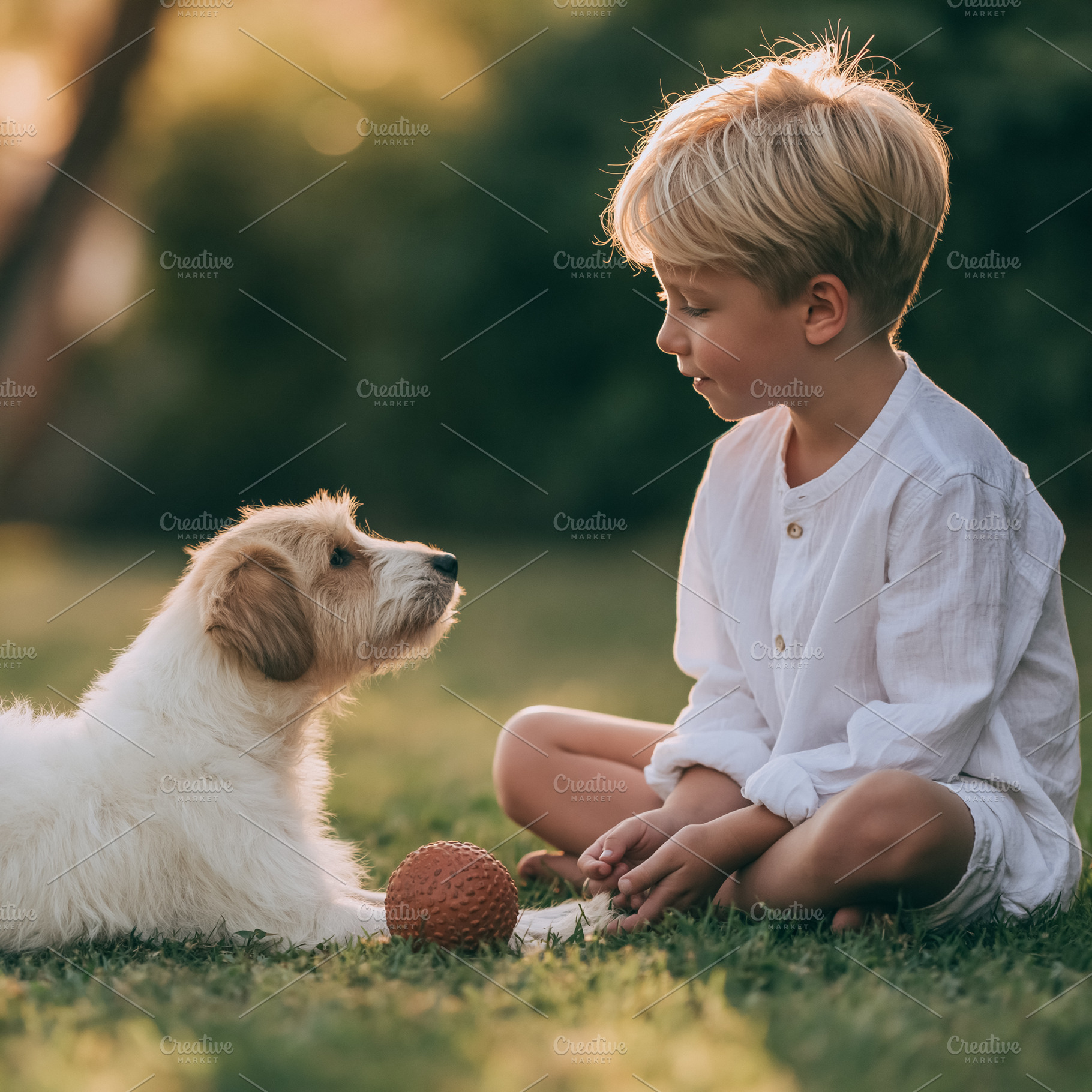 Young boy and puppy bonding outdoors, sitting on green grass dur, a Person Photo by Studio ANNA