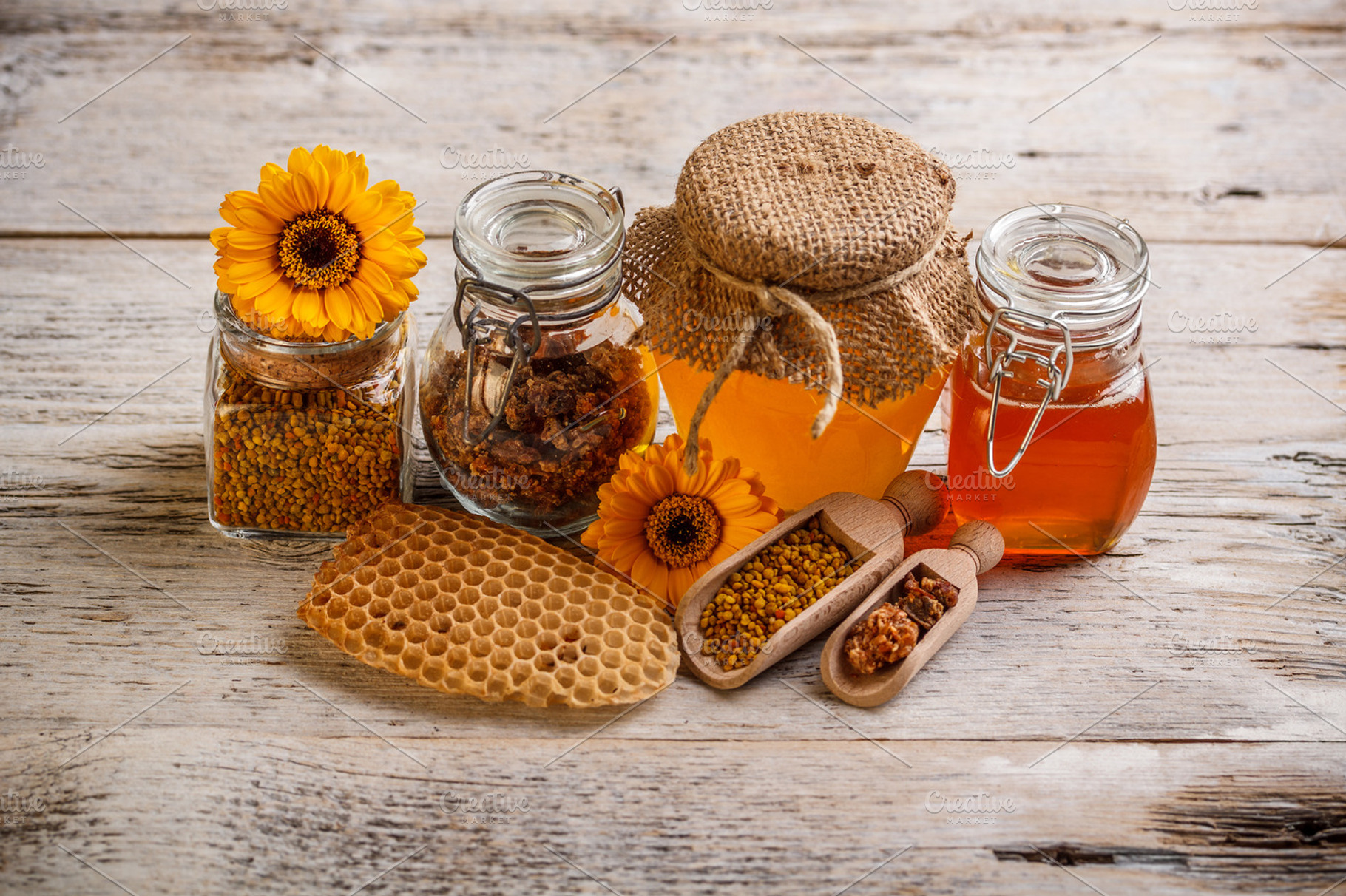 Composition of honey stock photo containing apiary and apiculture