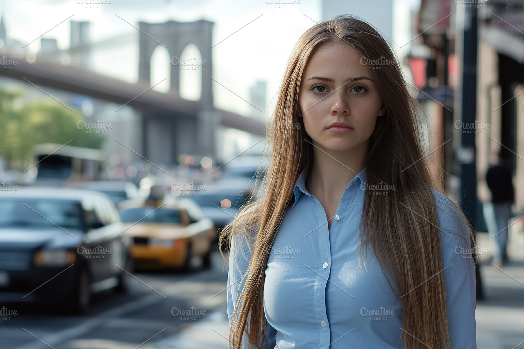 Woman stands confidently on a busy sidewalk near the Brooklyn Bridge in the cit, a Person Photo by AlyaAnd