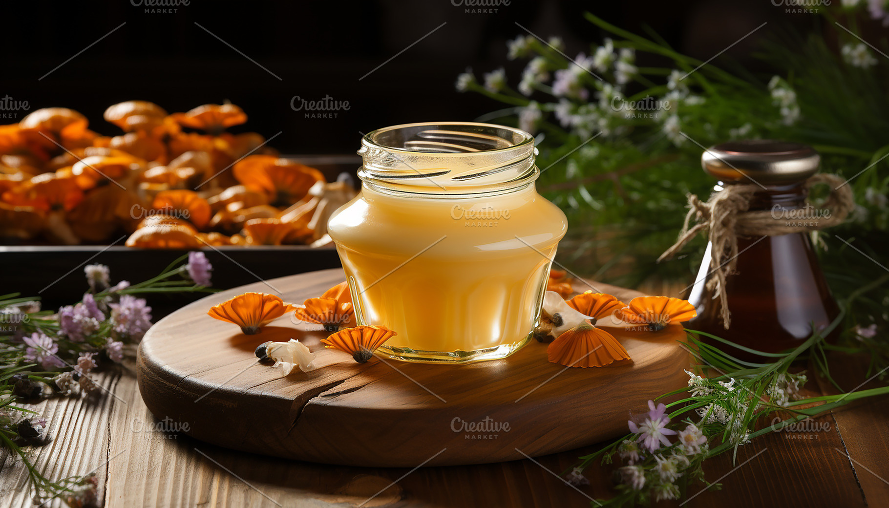 An open glass jar of creamy honey, a Food & Drink Photo by Elena Vagengeim