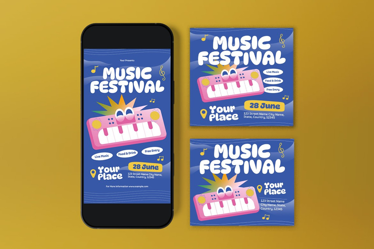 Blue Quirky Music Festival Flyer Set, a Flyer Template by graphicook (Photo 3 of 3)