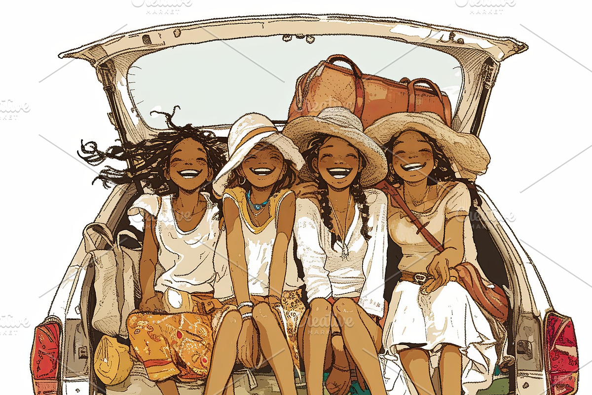 Four friends sitting in a car trunk ready for an exciting journey, an Illustration by AS photostudio