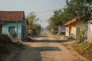 Morning stroll through a quiet Indian village street during daytime, an Architecture Photo by AlyaAnd