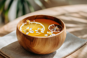 Refreshing beverage with flowers and fruit in a wooden bowl for a relaxing atmo, a Food & Drink Photo by AlyaAnd