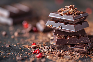 Close-up of rich dark chocolate pieces stacked on a textured sur, a Food & Drink Photo by ImageMir