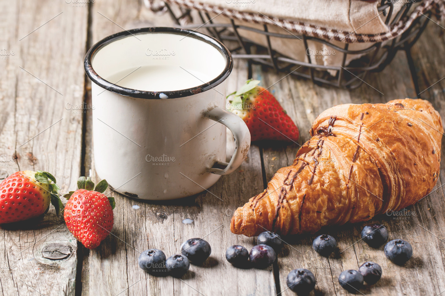 Croissant milk and berries stock photo containing breakfast and croissant