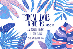 Tropical Leaves In Blue Pink