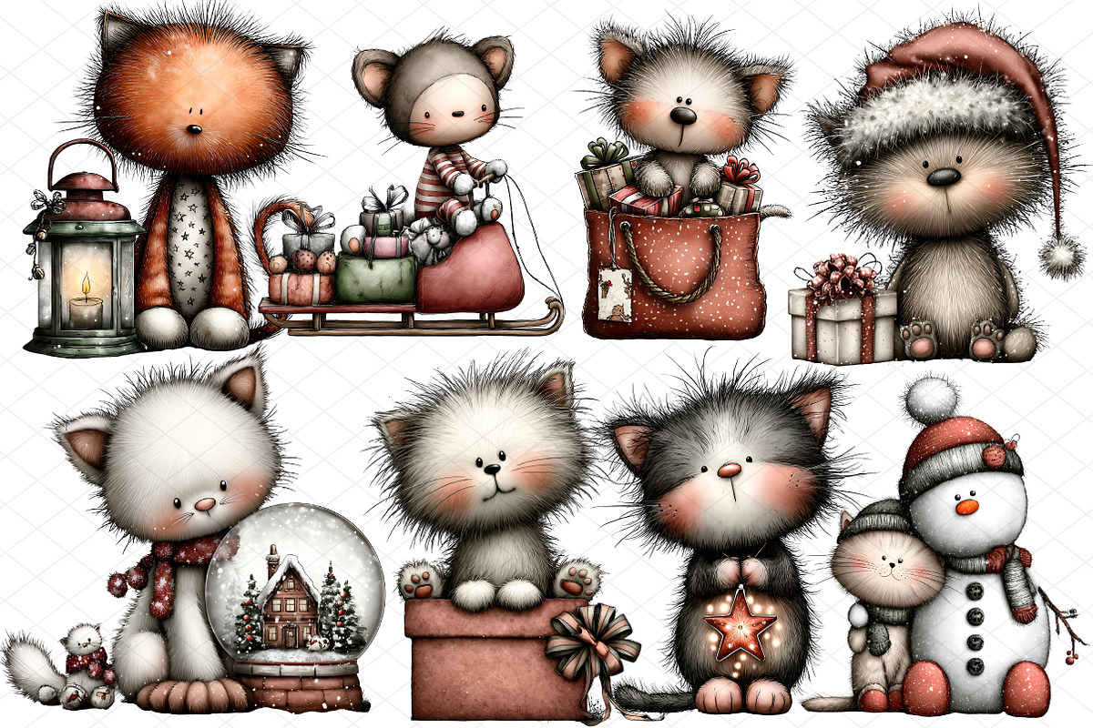 Whimsical Christmas Cat Clipart, an Animal Illustration by cherrydesign (Photo 4 of 4)